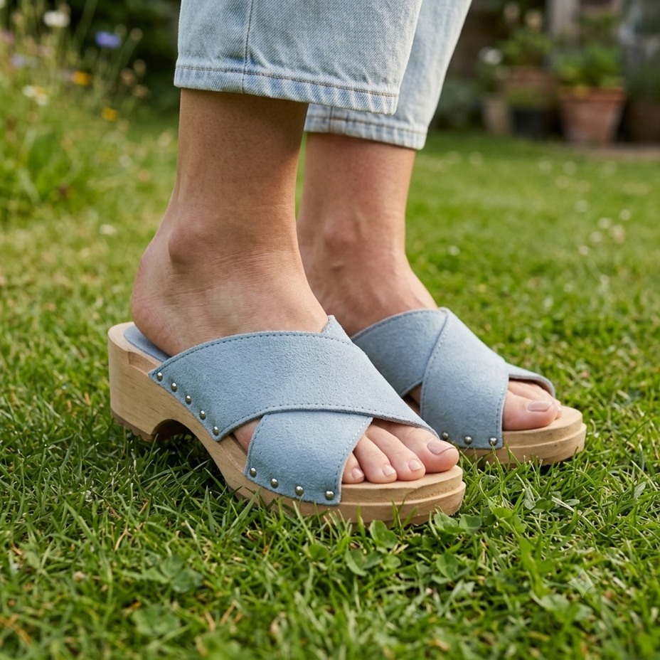 Damen sommerliche Lederclogs mit Nieten, Blau